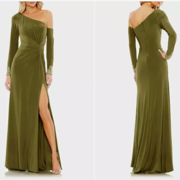 MAC DUGGAL 55696 ONE SLEEVE BEADED CUFF SIDE TWIST THIGH SLIT OLIVE GOWN sz 14 - Picture 1 of 3